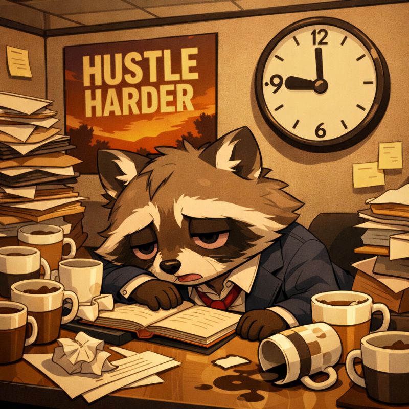 A hand-drawn raccoon resting with a mug, making the case that creativity and rest matter more than 996 overwork