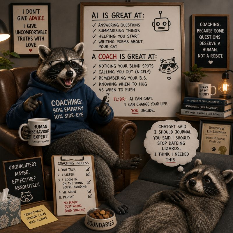 a raccoon in a Coaching hoodie sitting in an armchair pointing at a whiteboard that reads AI is great at answering questions and a coach is great at noticing your blind spots, with a second raccoon on a therapy couch thinking ChatGPT said I should journal, you said I should stop dateing lizards, I think I needed this, surrounded by signs reading boundaries, sometimes tough love has claws, and University of Life Experience
