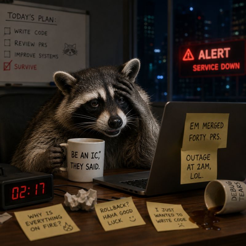 a weary raccoon at a dark office desk at 02:17 holding a mug reading BE AN IC THEY SAID, a red ALERT SERVICE DOWN sign in the window, a whiteboard headed TODAY'S PLAN with WRITE CODE, REVIEW PRS and IMPROVE SYSTEMS unticked and only SURVIVE ticked, laptop sticky notes saying EM MERGED FORTY PRS and OUTAGE AT 2AM LOL, and desk notes reading WHY IS EVERYTHING ON FIRE, ROLLBACK HAHA GOOD LUCK and I JUST WANTED TO WRITE CODE