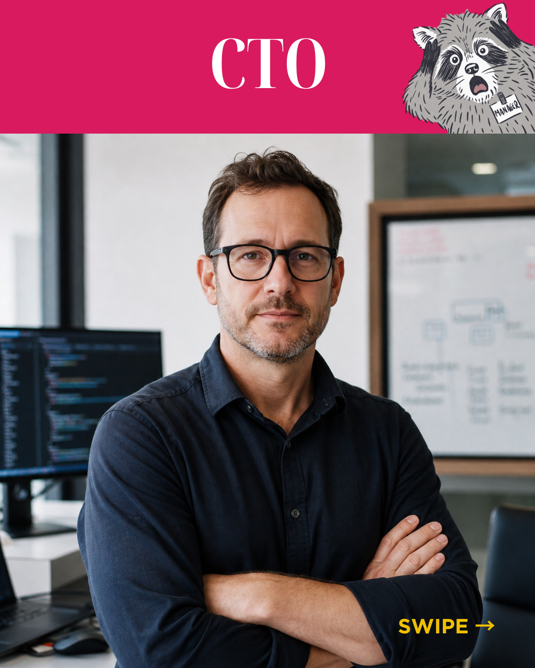 Carousel slide titled CTO: an AI-generated photo of a white man with glasses and a beard, arms crossed, in front of code screens