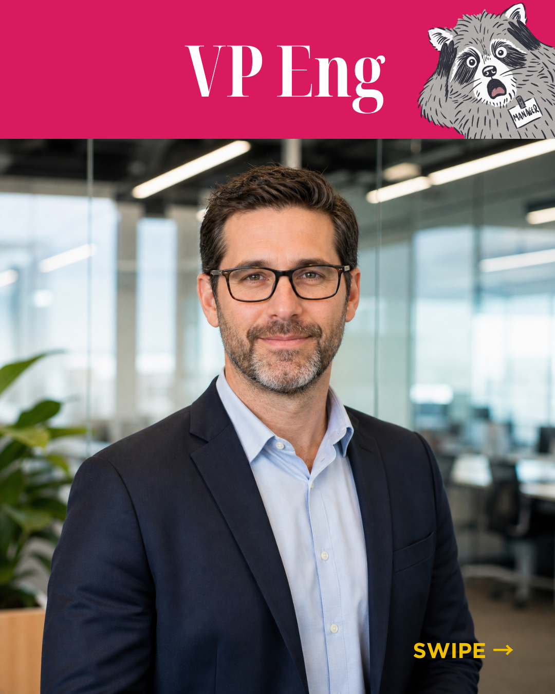 Carousel slide titled VP Eng: an AI-generated photo of a white man with glasses and a beard in a navy blazer in a glass-walled office