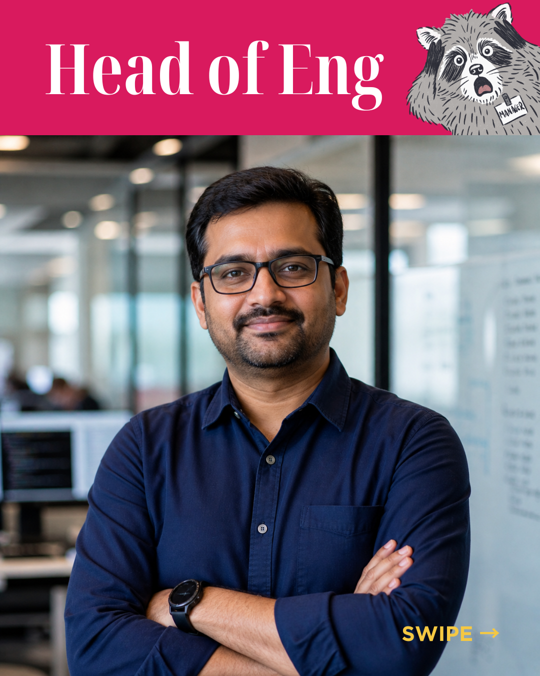 Carousel slide titled Head of Eng: an AI-generated photo of a South Asian man with glasses and a beard, arms crossed, in an open-plan office