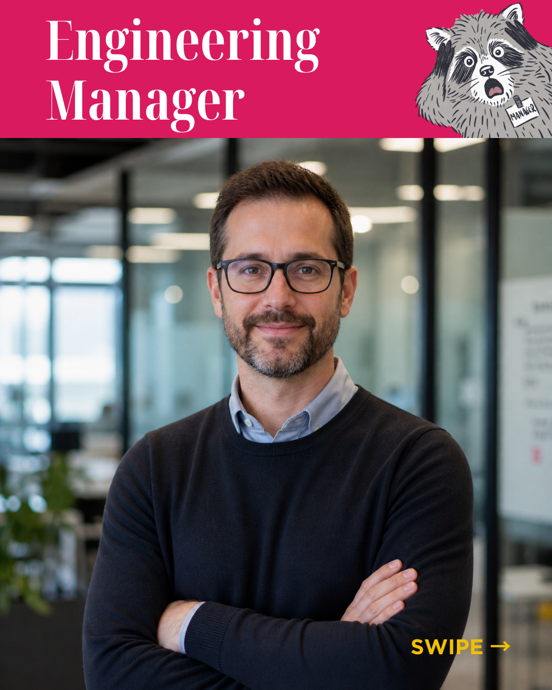 Carousel slide titled Engineering Manager: an AI-generated photo of a white man with glasses and a beard in a dark jumper, arms crossed