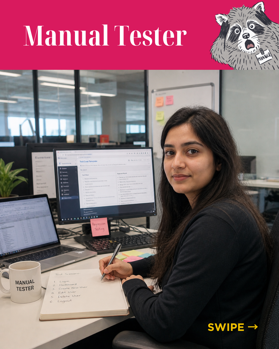 Carousel slide titled Manual Tester: an AI-generated photo of a South Asian woman at a desk writing test cases in a notebook