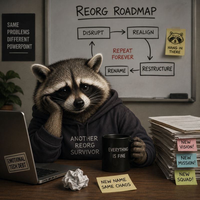 a tired raccoon in a hoodie that reads "Another Reorg Survivor", slumped at a desk in front of a whiteboard showing a "Reorg Roadmap" of disrupt, realign, restructure, rename, repeat forever; sticky notes read "New Vision!", "New Mission!", "New Squad!" and "New Name Same Chaos", a mug reads "Everything Is Fine"