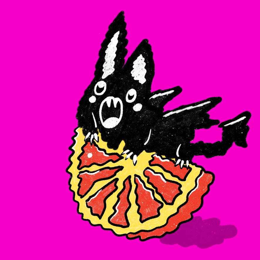 a demon bat eating a grapefruit on a hot pink background