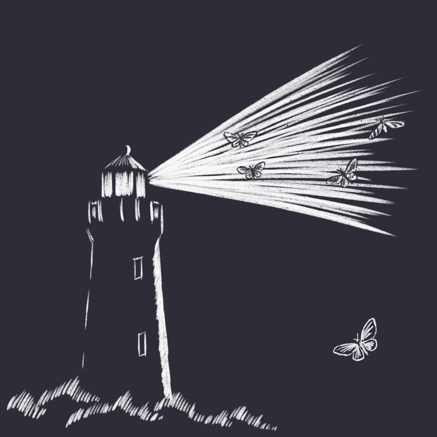 a lighthouse at night with butterflies drawn into the beam of light
