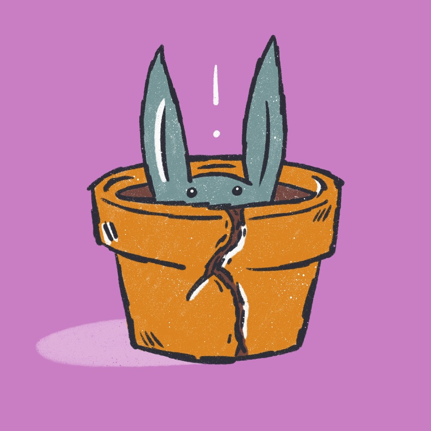 a tiny anxious bunny hiding in a cracked terracotta pot