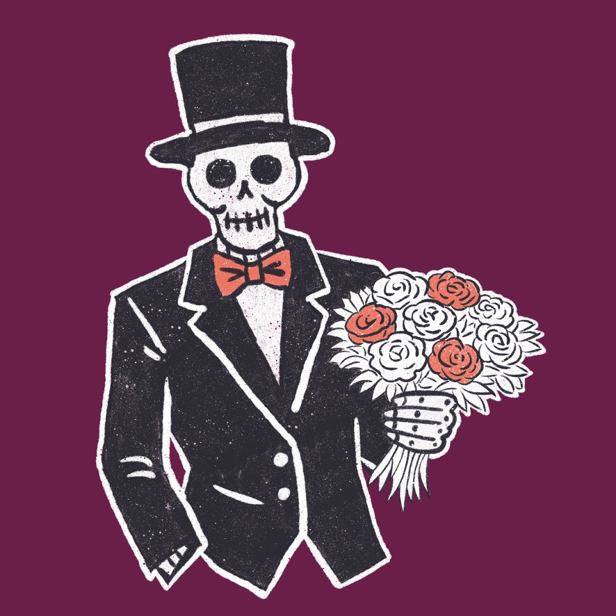 a dapper skeleton in a top hat holding a bouquet of roses