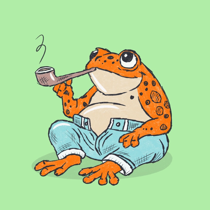 a very chill orange toad in jeans smoking a pipe