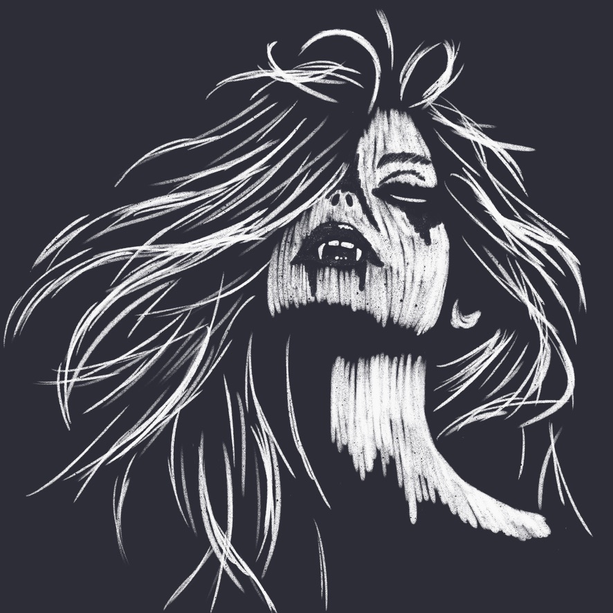a haunting vampire woman with wild hair, chalk linework