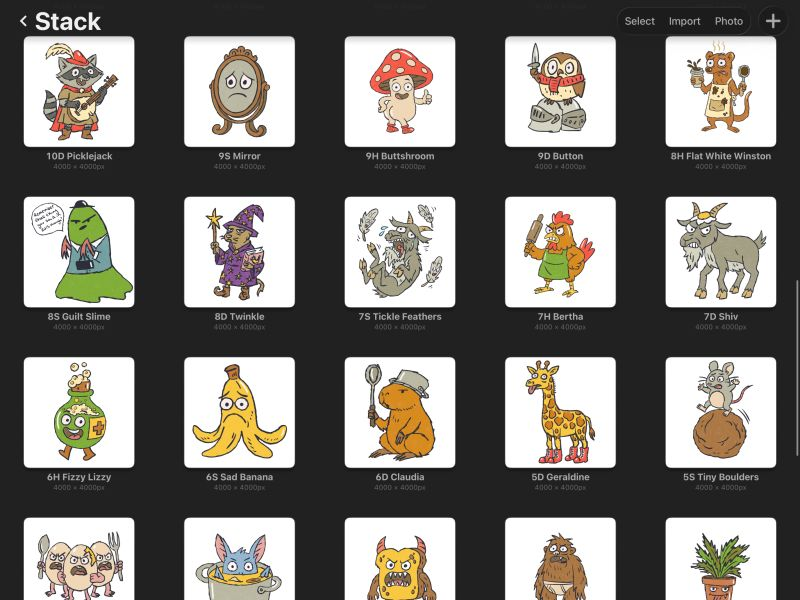 a grid of digital thumbnails showing dozens of illustrated card characters, including a raccoon with a banjo, a nervous mushroom, an owl in armour, and a giraffe