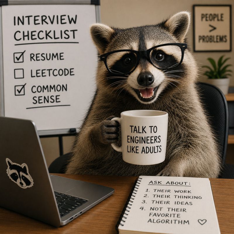 A raccoon in glasses holding a mug that says "Talk to Engineers Like Adults", sitting in front of an interview checklist (Resume ✓, Leetcode ☐, Common Sense ✓) and a notepad reading "Ask about: 1. Their work 2. Their thinking 3. Their ideas 4. Not their favourite algorithm"