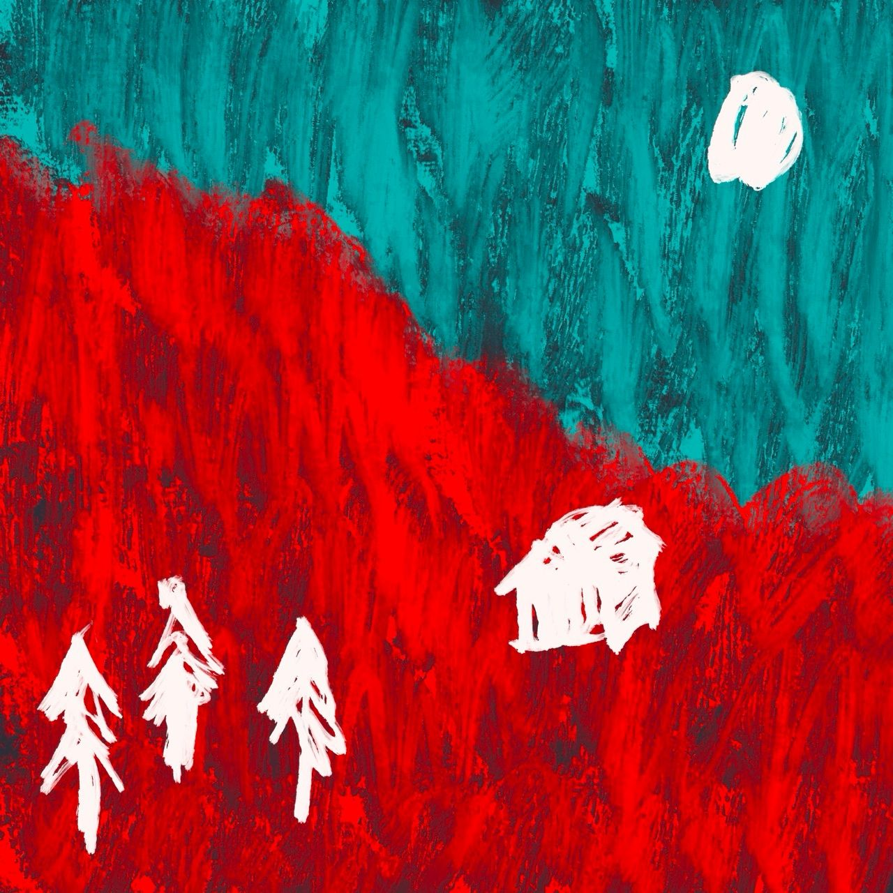 a bold teal and red landscape painting of a hillside with a small white house, three pine trees and a full moon