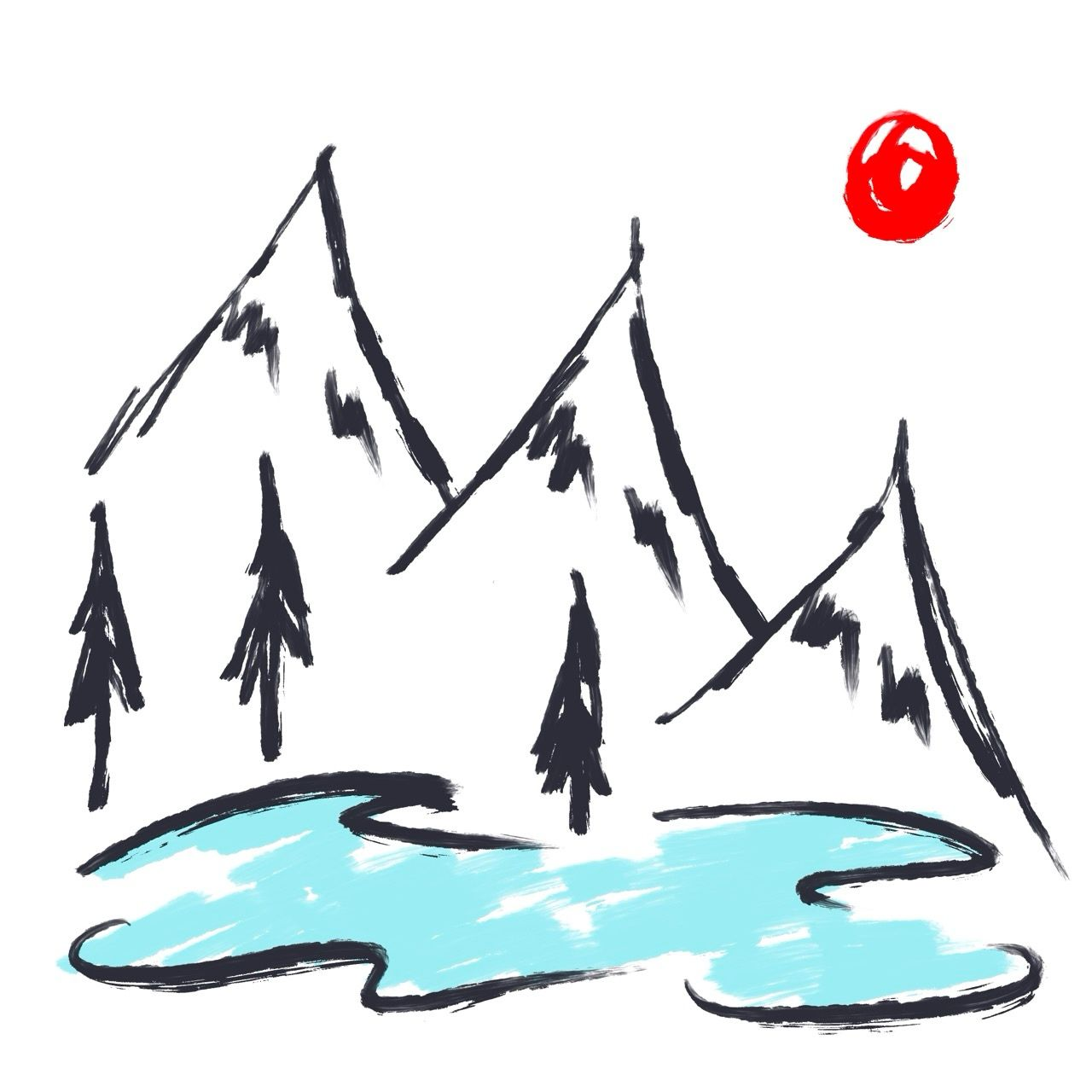 a minimal line drawing of white mountain peaks and pine trees over a lake, with a small red sun