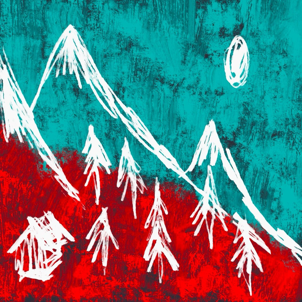 a teal and red landscape painting of mountains, pine trees, a moon and a small white house on a hillside
