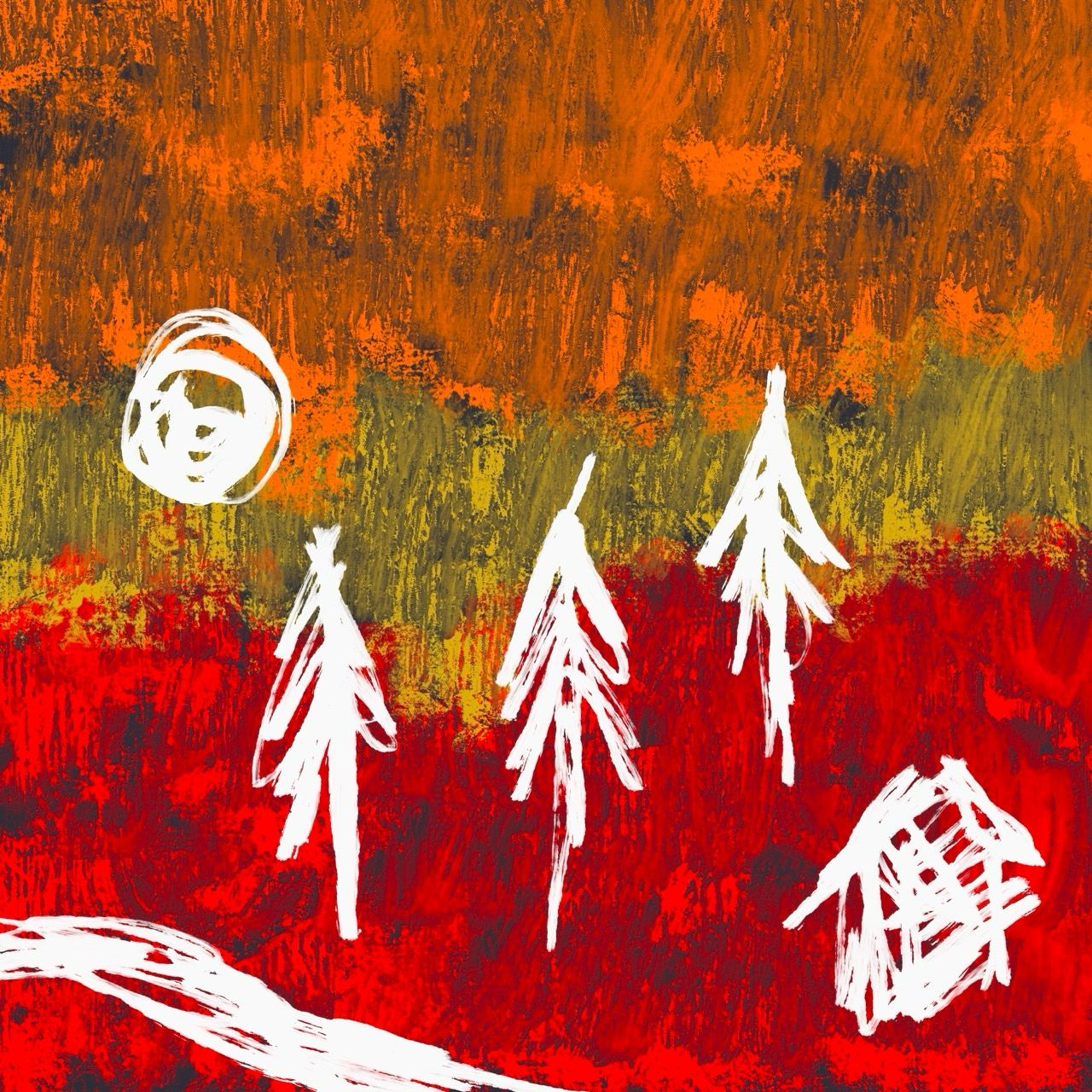 an orange, olive and red landscape painting of pine trees, a house and a winding path under a hazy sun