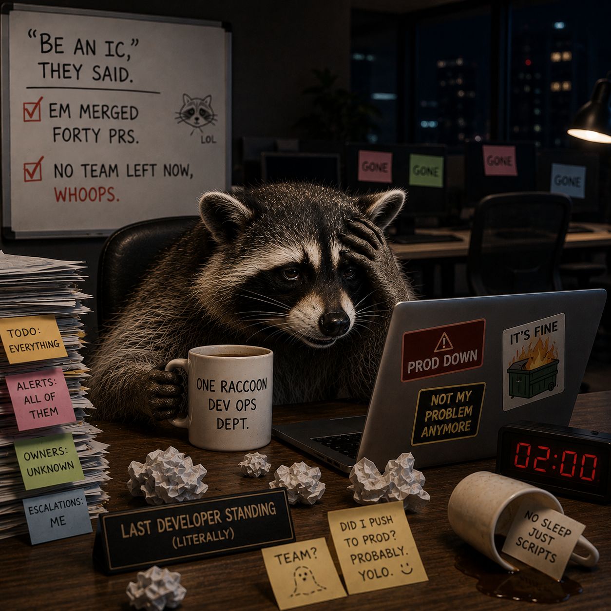 a tired raccoon alone at a dark office desk surrounded by sticky notes reading TODO: EVERYTHING, OWNERS: UNKNOWN and ESCALATIONS: ME, a mug labelled ONE RACCOON DEV OPS DEPT, a laptop covered in PROD DOWN and NOT MY PROBLEM ANYMORE stickers, a clock showing 02:00, and a whiteboard joking that the EM merged forty PRs and now has no team left