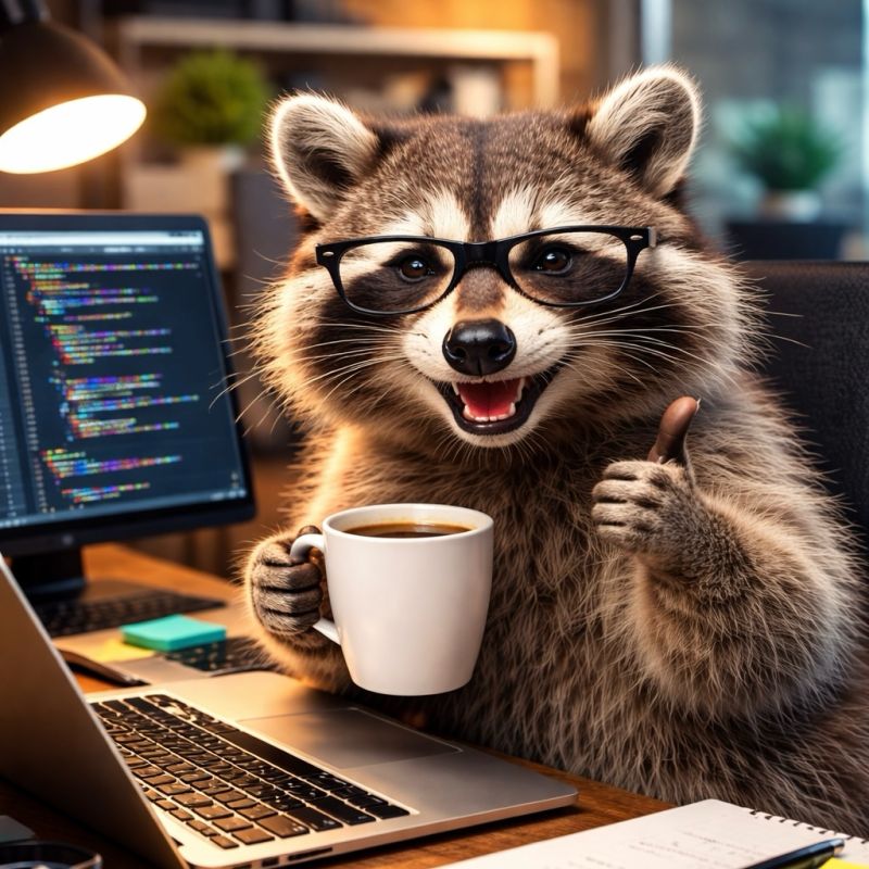a raccoon sweating at a laptop under exam conditions