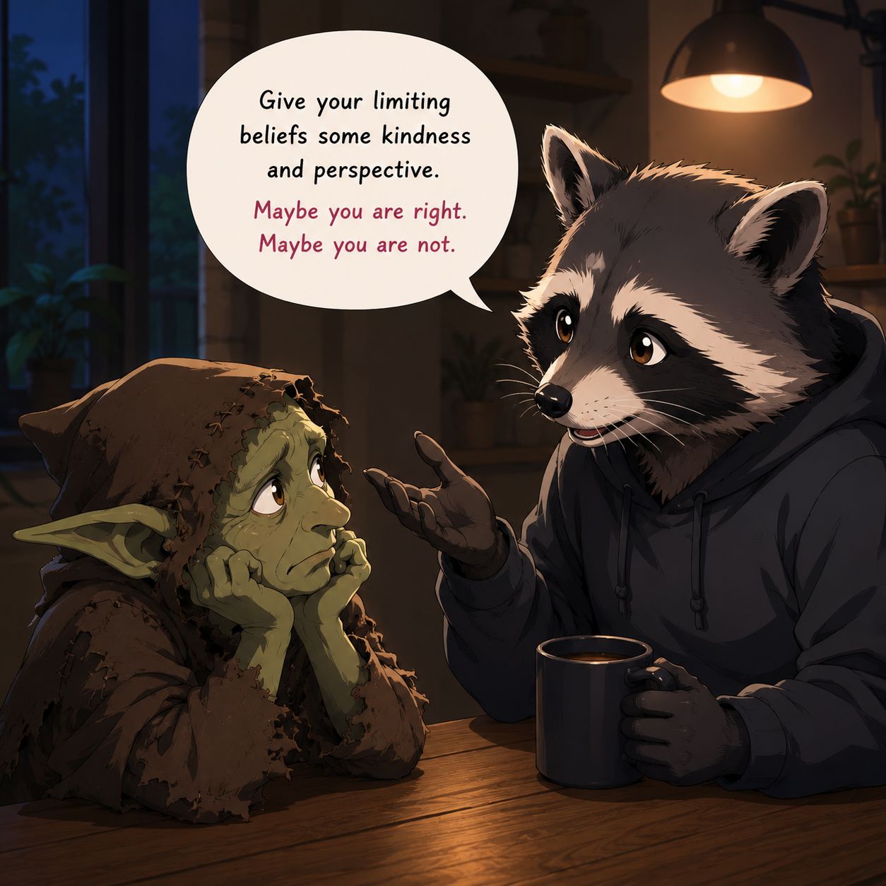 a raccoon in a hoodie talking to a hunched green goblin over coffee, with a speech bubble reading "Give your limiting beliefs some kindness and perspective. Maybe you are right. Maybe you are not."