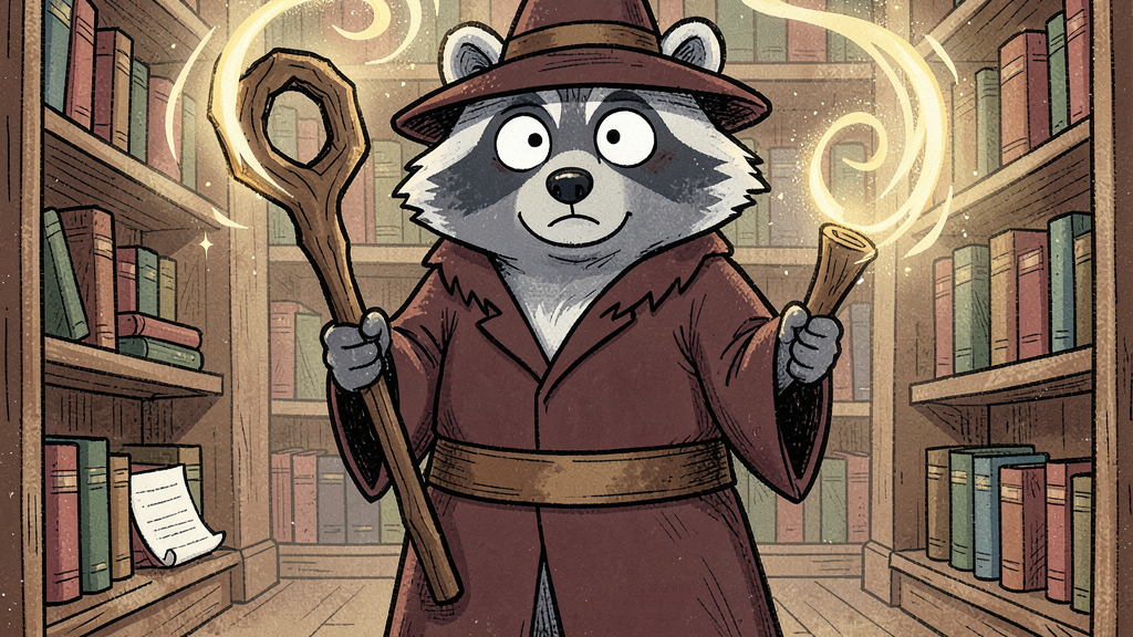 a fantasy-style illustration of a raccoon dressed as a wizard, holding a glowing staff and a piece of wood, standing in a library