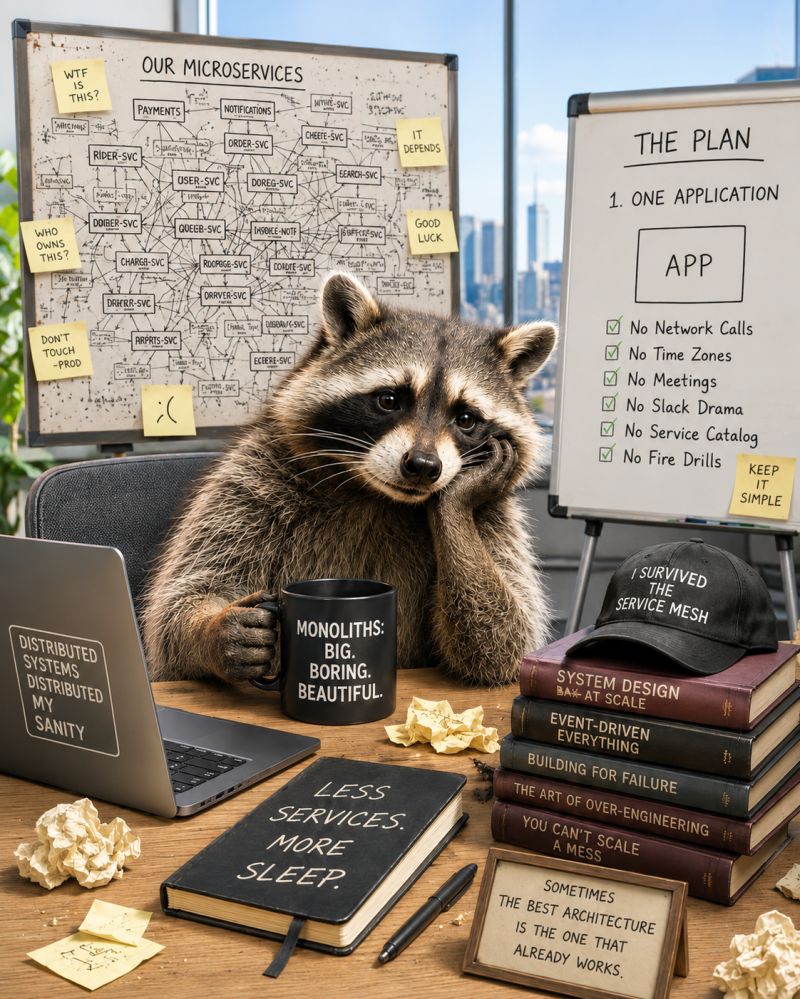 a weary raccoon at a desk in front of a whiteboard headed OUR MICROSERVICES, a sprawling tangle of boxes like PAYMENTS, NOTIFICATIONS, ORDER-SVC and RIDER-SVC connected by arrows, covered in sticky notes saying WTF IS THIS, WHO OWNS THIS, DON'T TOUCH PROD and GOOD LUCK; a second whiteboard headed THE PLAN with 1. ONE APPLICATION and a ticked list reading No Network Calls, No Time Zones, No Meetings, No Slack Drama, No Service Catalog, No Fire Drills; a mug reading MONOLITHS: BIG. BORING. BEAUTIFUL, a laptop sticker reading DISTRIBUTED SYSTEMS DISTRIBUTED MY SANITY, a notebook reading LESS SERVICES MORE SLEEP, an I SURVIVED THE SERVICE MESH cap, a stack of books with titles like THE ART OF OVER-ENGINEERING and YOU CAN'T SCALE A MESS, and a sign reading SOMETIMES THE BEST ARCHITECTURE IS THE ONE THAT ALREADY WORKS