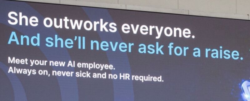 Screenshot of an advert for an AI employee using a woman-coded persona and promising she will never ask for a raise