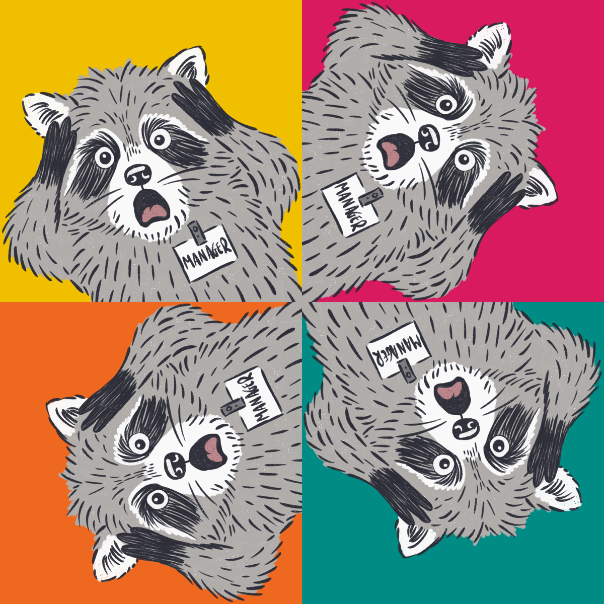Four wide-eyed cartoon raccoons wearing MANAGER name badges, one per colour panel: gold, magenta, orange, teal