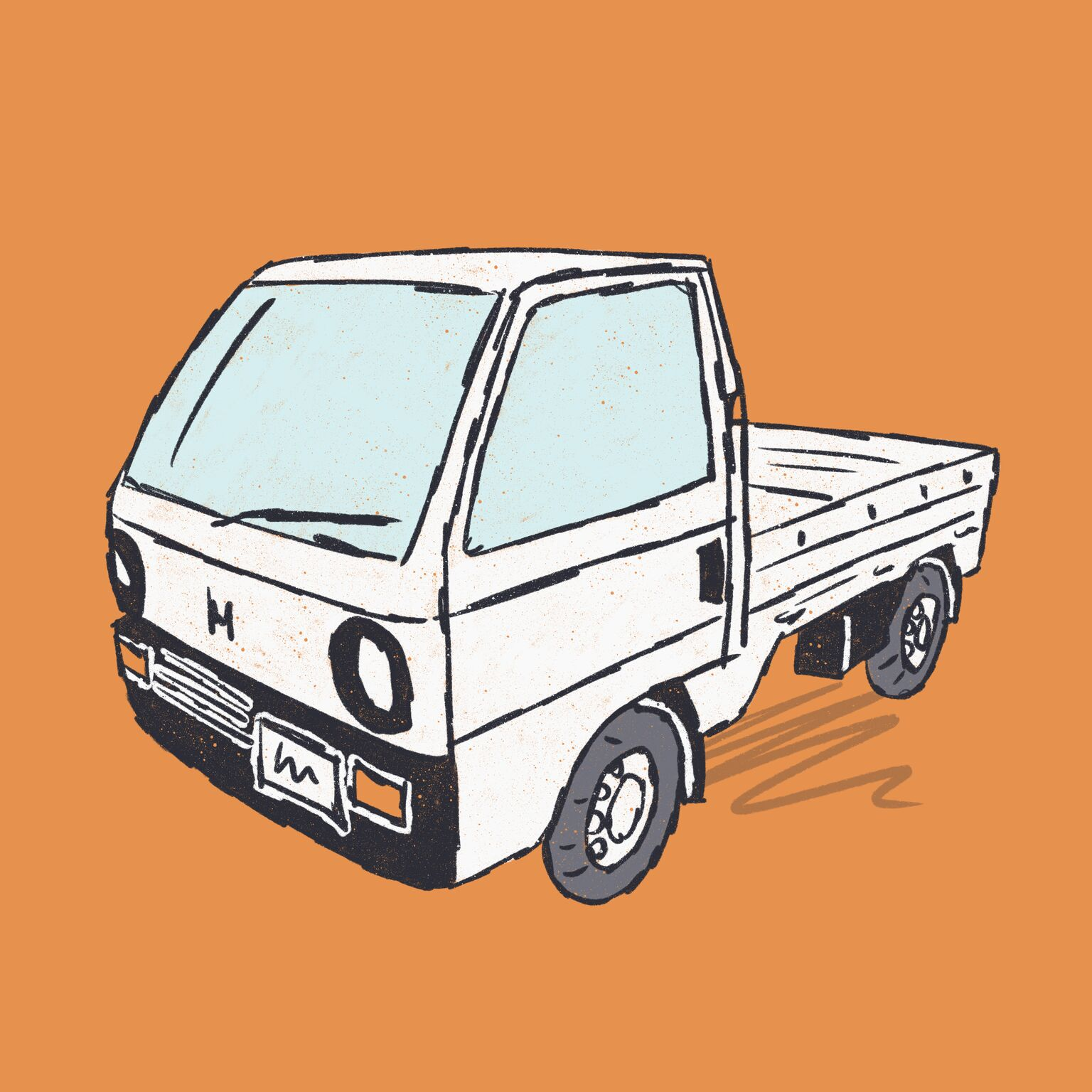 hand-drawn illustration of a tiny white kei truck on an orange background