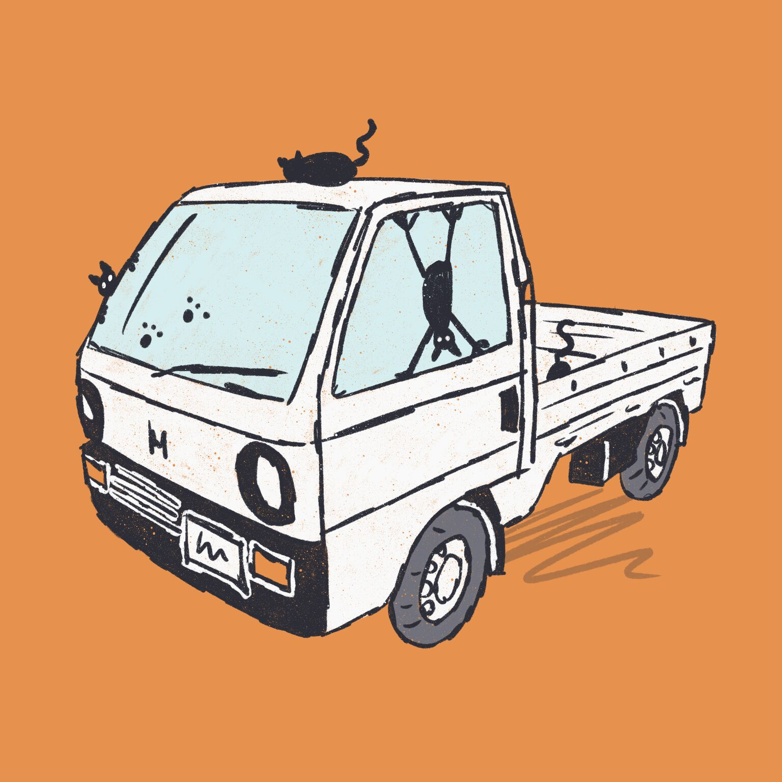 the same tiny truck with a black cat on the roof and another hanging upside down inside the cab