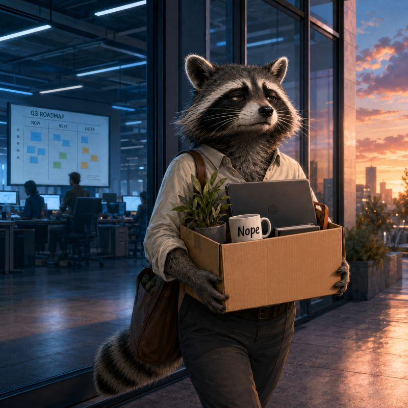 an AI-generated image of a raccoon in an office, carrying a box with a plant, laptop and a mug that says "Nope", walking away from a Q3 roadmap on a screen at sunset